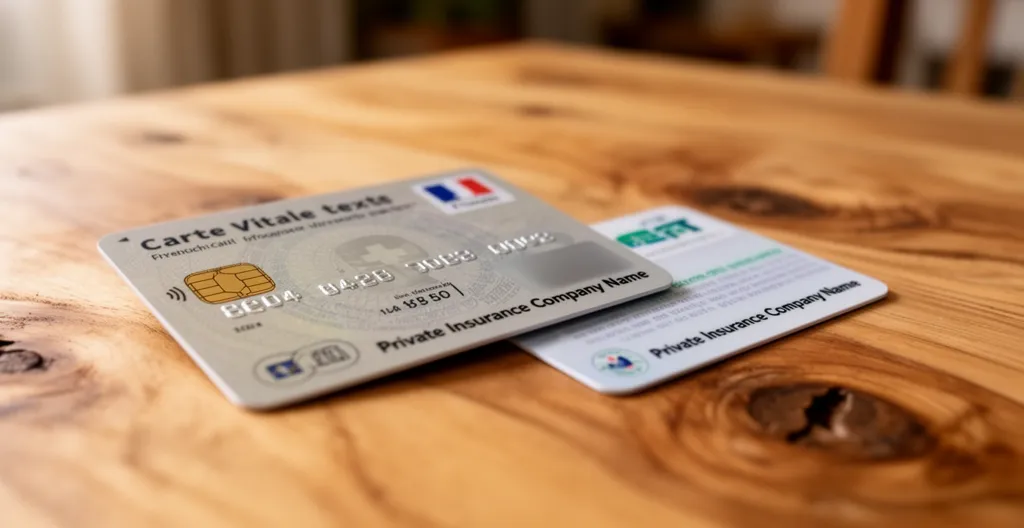 Carte Vitale et carte de mutuelle posées sur une table en bois