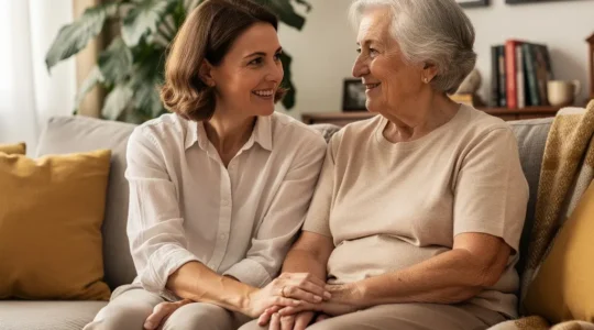Mère et fille en conversation détendue dans un salon lumineux pour anticiper financièrement un EHPAD