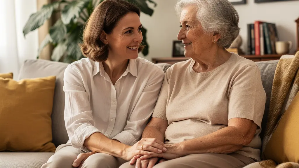 Mère et fille en conversation détendue dans un salon lumineux pour anticiper financièrement un EHPAD