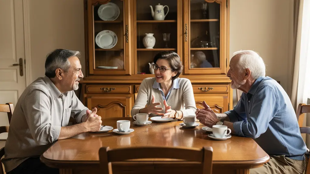 Famille multigénérationnelle discutant du budget EHPAD autour d'une table