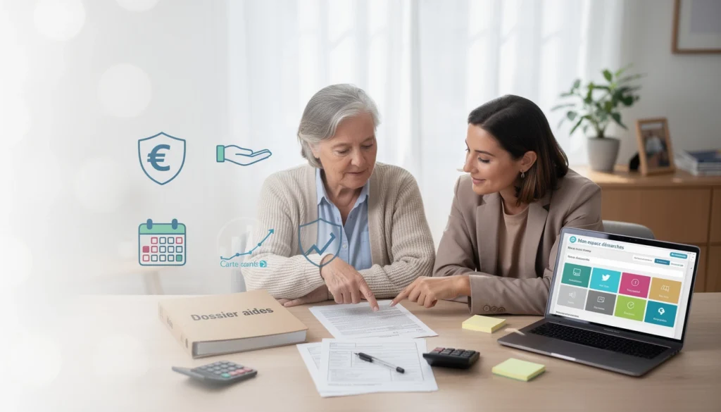 Une femme est en train d'aider une femme âgée à créer un dossier pour un hébergement en EHPAD