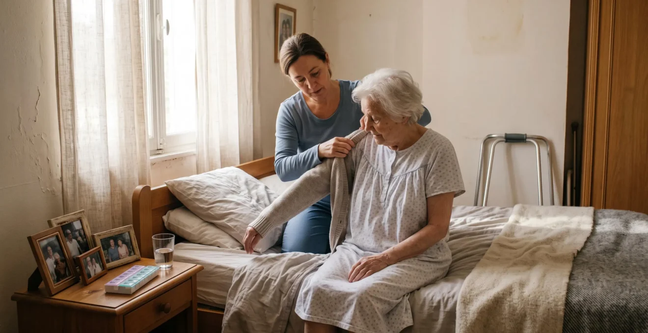 Chambre lumineuse avec personne âgée assise au bord du lit recevant l'aide d'une auxiliaire de vie pour s'habiller, déambulateur et pilulier visibles, scène quotidienne réaliste