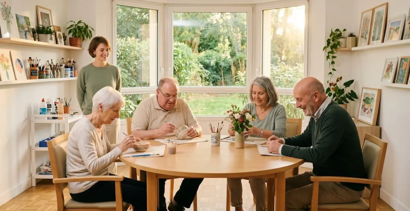 Salle d'activités lumineuse d'EHPAD avec groupe de quatre résidents diversifiés assis autour d'une table, participant à un atelier créatif, sourires naturels, grandes baies vitrées donnant sur jardin