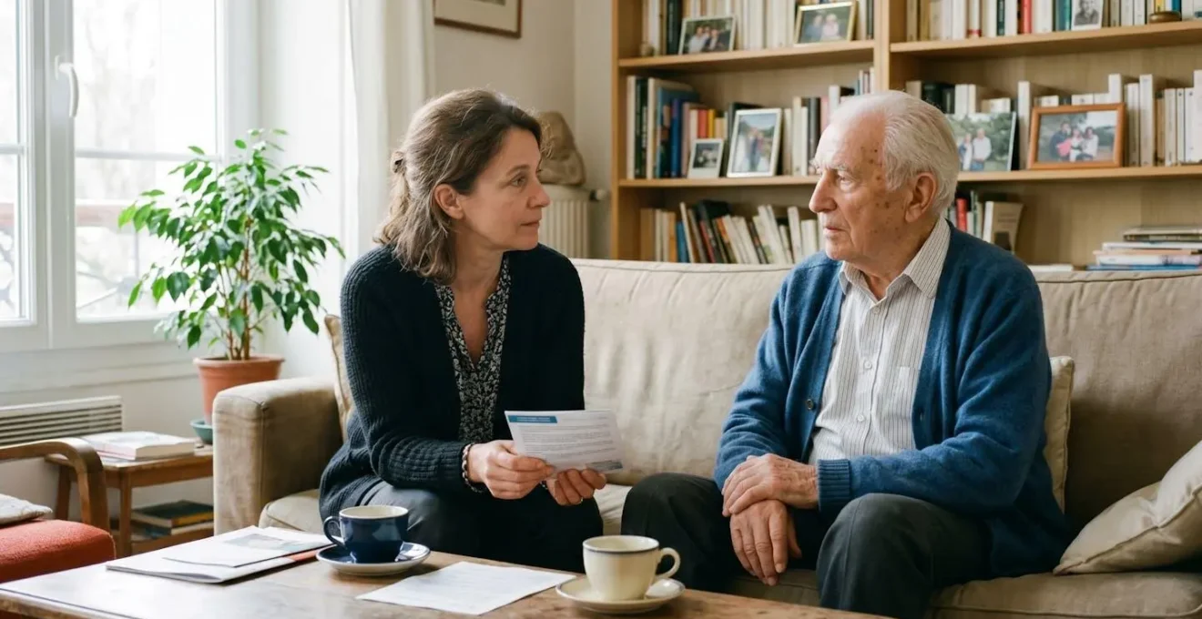 Salon lumineux avec femme d'âge mûr et père âgé assis sur canapé en conversation calme, documents sur table basse, lumière douce naturelle créant atmosphère apaisée