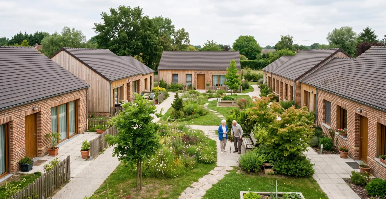 Béguinage moderne avec petites maisons individuelles organisées autour d'un espace commun central pour seniors autonomes.