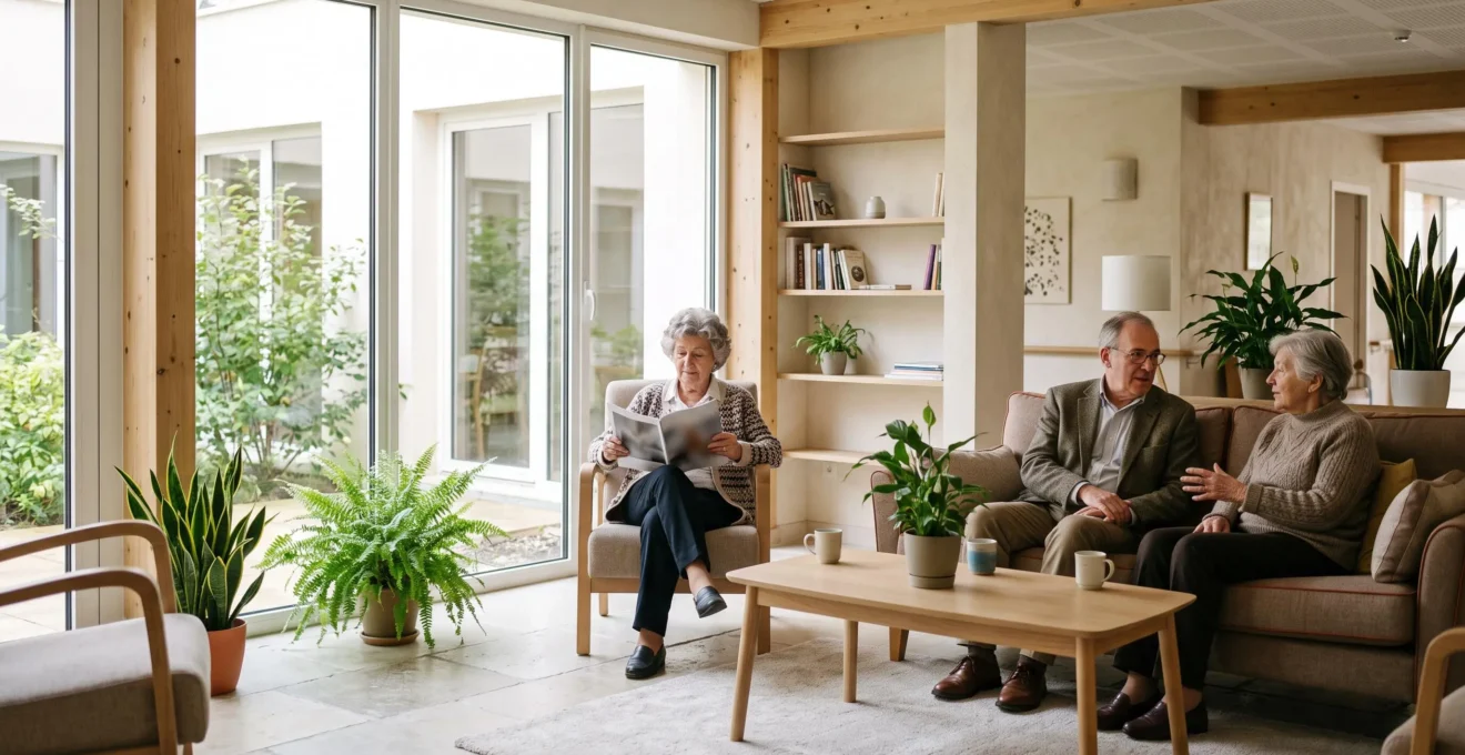 Espace de vie commun lumineux dans une résidence senior moderne, où des seniors autonomes lisent et discutent naturellement.