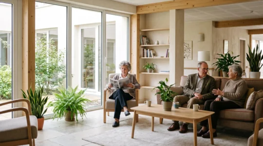Espace de vie commun lumineux dans une résidence senior moderne, où des seniors autonomes lisent et discutent naturellement.