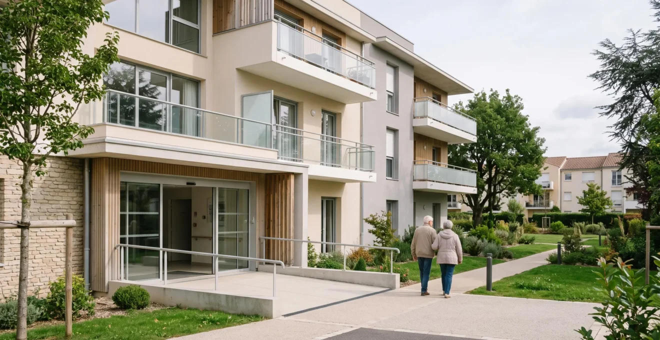 Extérieur d'une résidence services moderne en France avec architecture contemporaine accessible et espaces verts.