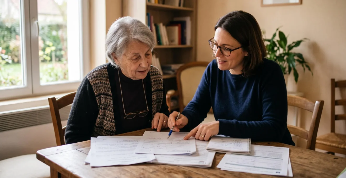 Un conseiller accompagne une personne senior dans la compréhension de documents administratifs lors d'un entretien bienveillant