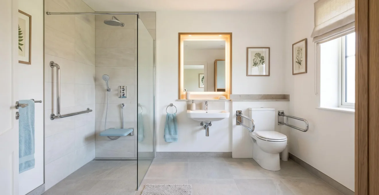 Salle de bain adaptée avec douche plain-pied, barres d'appui et équipements ergonomiques pour seniors