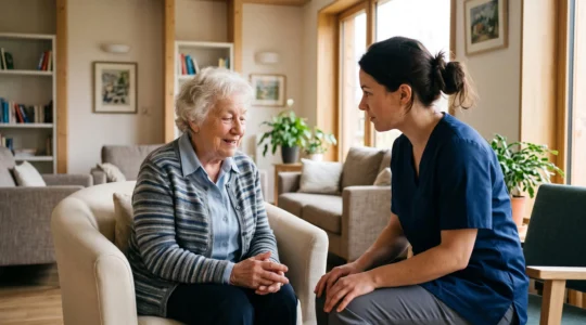 Une senior échange avec une accompagnante professionnelle dans un espace de vie chaleureux et adapté